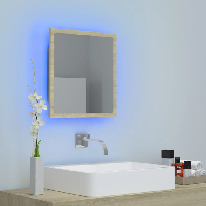 badeværelsesspejl med LED-lys 40x8,5x37 cm akryl sonoma-eg