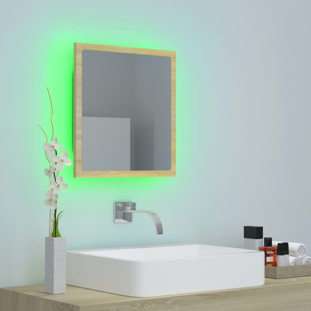 badeværelsesspejl med LED-lys 40x8,5x37 cm akryl sonoma-eg