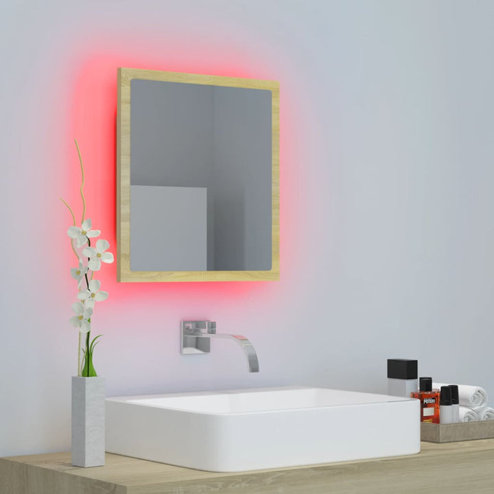 badeværelsesspejl med LED-lys 40x8,5x37 cm akryl sonoma-eg