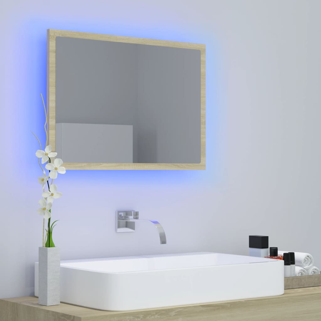 badeværelsesspejl med LED-lys 60x8,5x37 cm akryl sonoma-eg