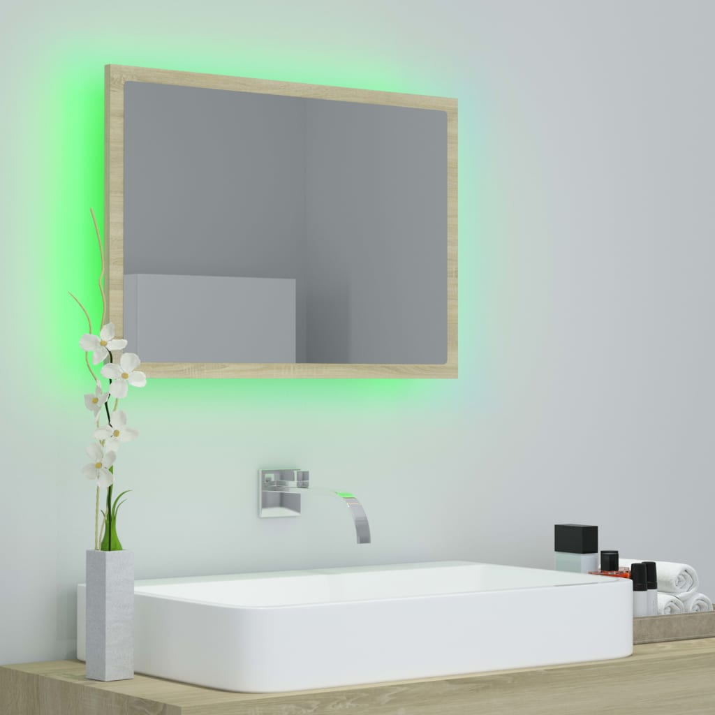 badeværelsesspejl med LED-lys 60x8,5x37 cm akryl sonoma-eg