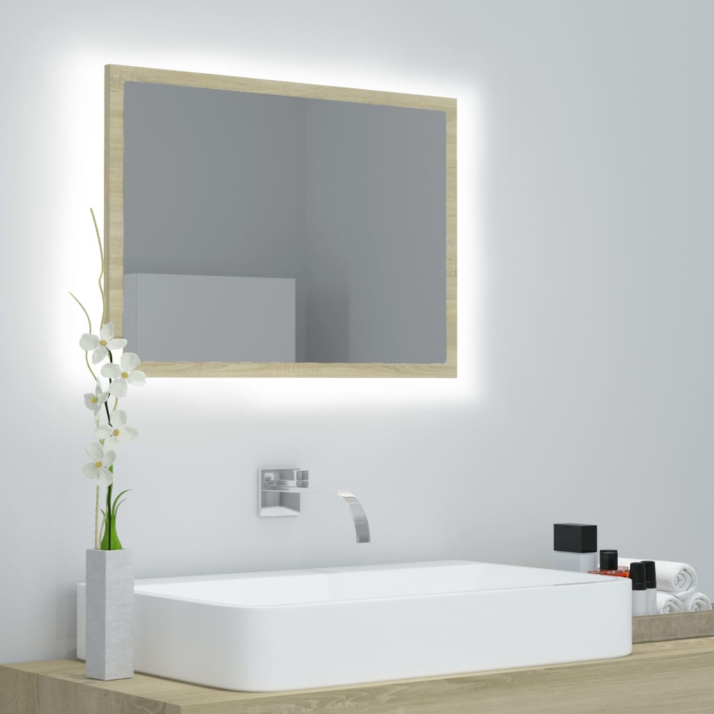 badeværelsesspejl med LED-lys 60x8,5x37 cm akryl sonoma-eg