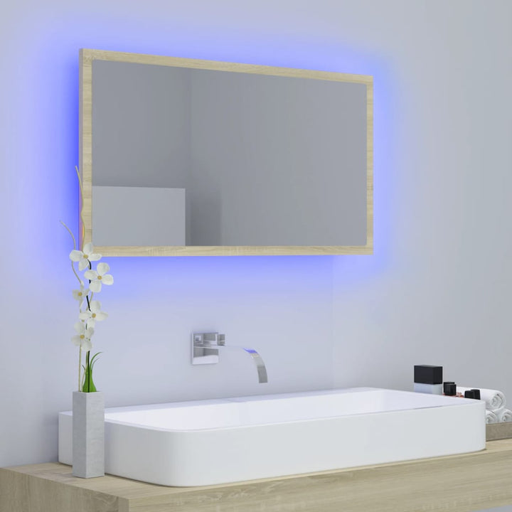 badeværelsesspejl med LED-lys 80x8,5x37 cm akryl sonoma-eg