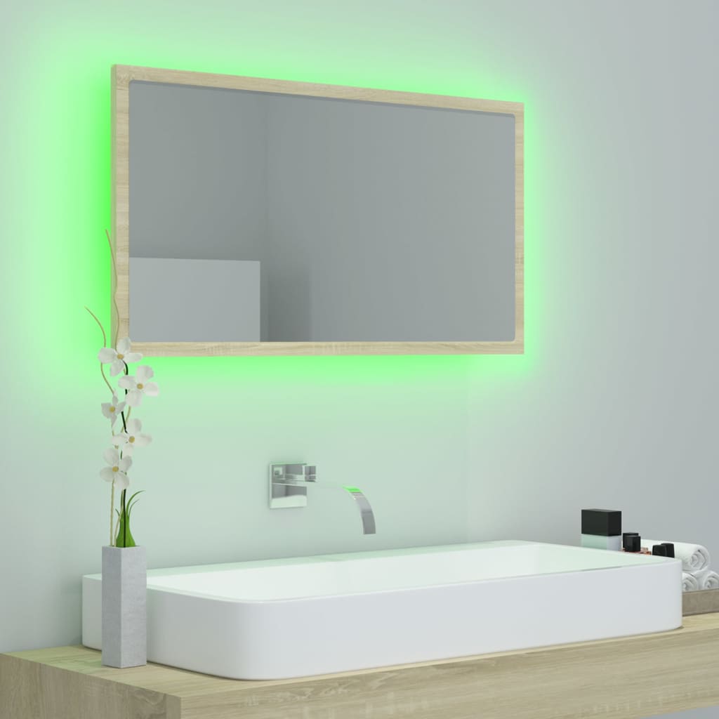 badeværelsesspejl med LED-lys 80x8,5x37 cm akryl sonoma-eg
