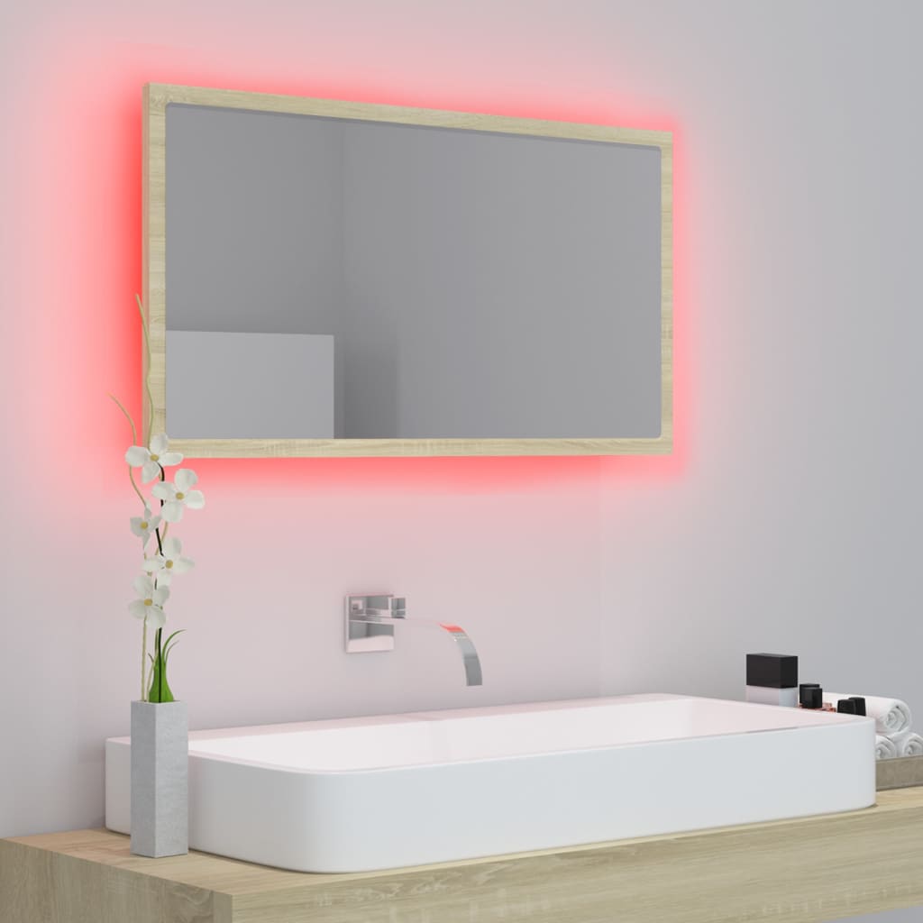 badeværelsesspejl med LED-lys 80x8,5x37 cm akryl sonoma-eg