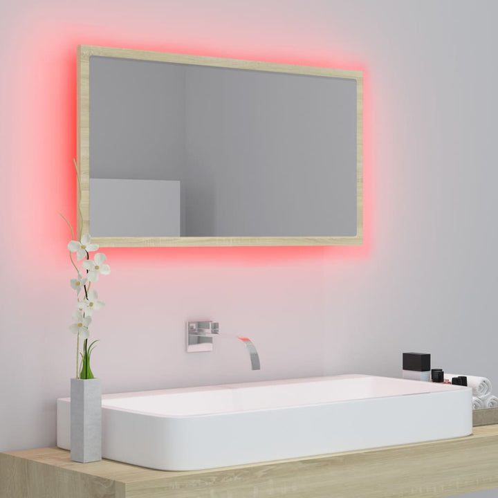 badeværelsesspejl med LED-lys 80x8,5x37 cm akryl sonoma-eg
