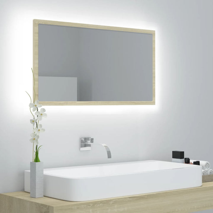 badeværelsesspejl med LED-lys 80x8,5x37 cm akryl sonoma-eg