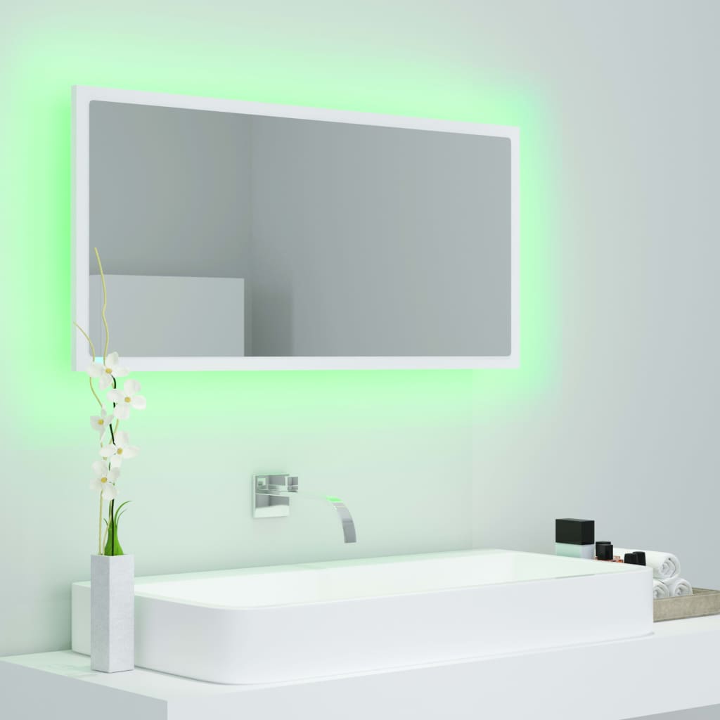 badeværelsesspejl med LED-lys 90x8,5x37 cm akryl hvid