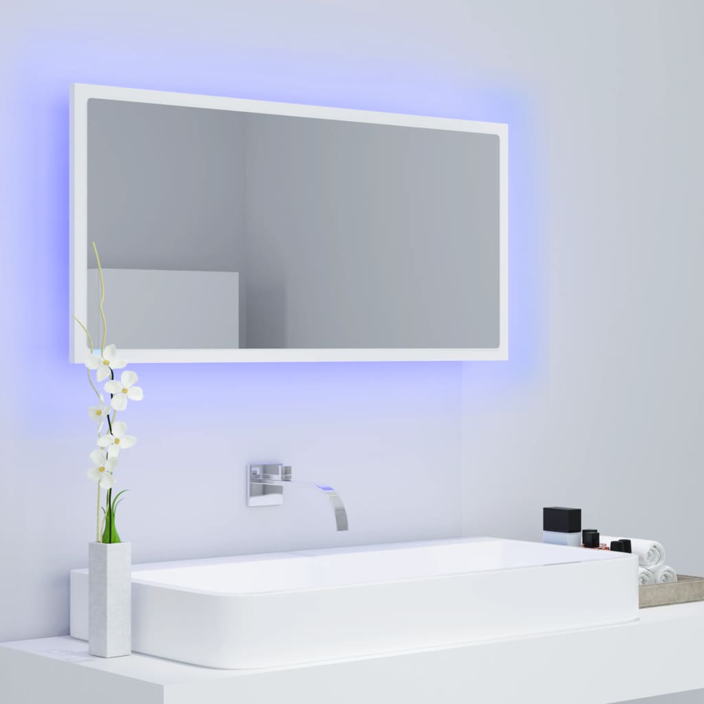 badeværelsesspejl med LED-lys 90x8,5x37 cm akryl hvid