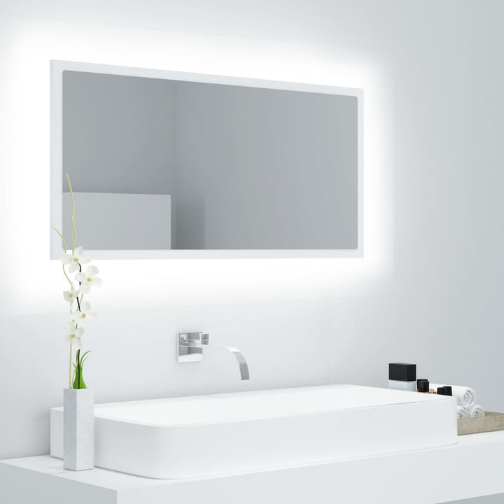 badeværelsesspejl med LED-lys 90x8,5x37 cm akryl hvid
