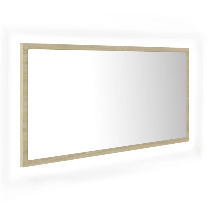 badeværelsesspejl med LED-lys 90x8,5x37 cm akryl sonoma-eg