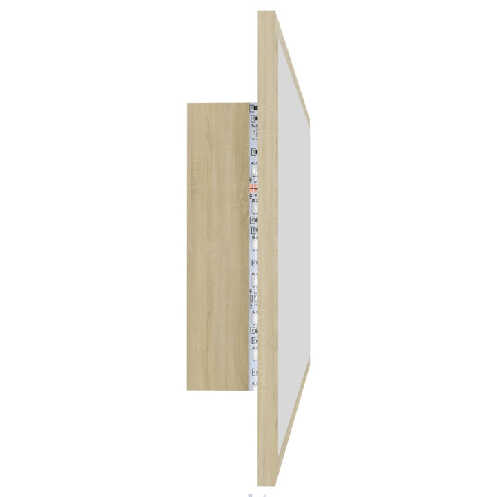 badeværelsesspejl med LED-lys 90x8,5x37 cm akryl sonoma-eg