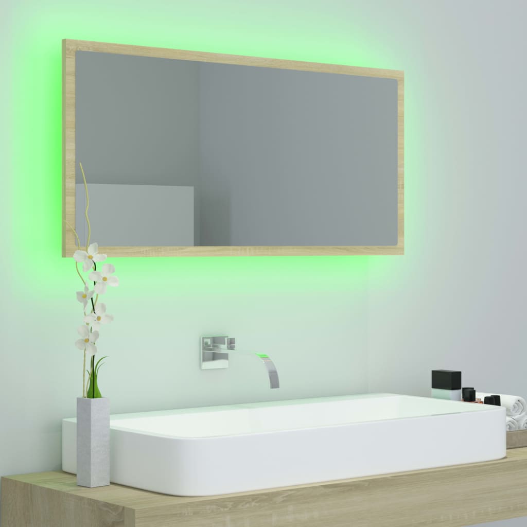 badeværelsesspejl med LED-lys 90x8,5x37 cm akryl sonoma-eg