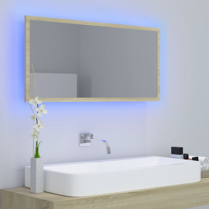 badeværelsesspejl med LED-lys 90x8,5x37 cm akryl sonoma-eg