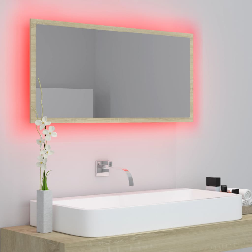 badeværelsesspejl med LED-lys 90x8,5x37 cm akryl sonoma-eg