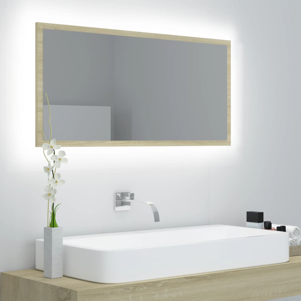 badeværelsesspejl med LED-lys 90x8,5x37 cm akryl sonoma-eg