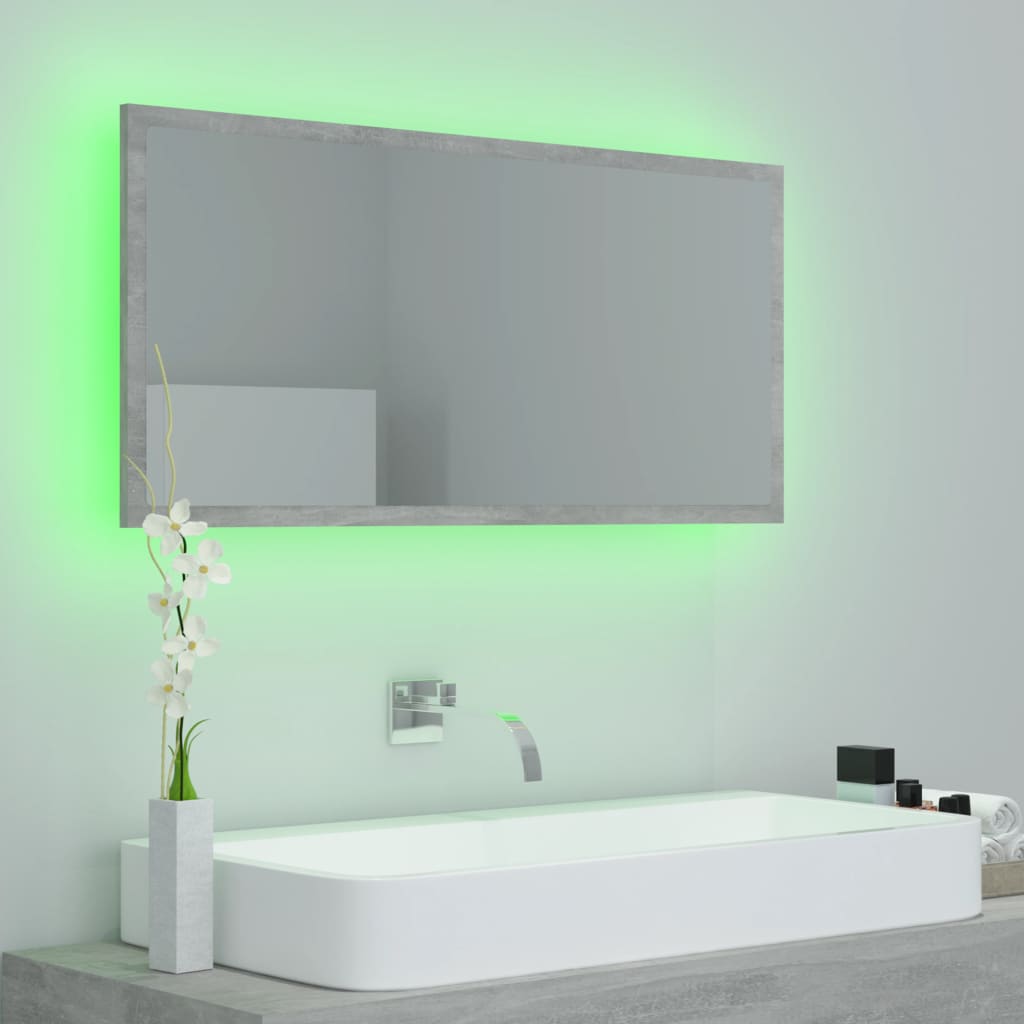 badeværelsesspejl med LED-lys 90x8,5x37 cm akryl betongrå