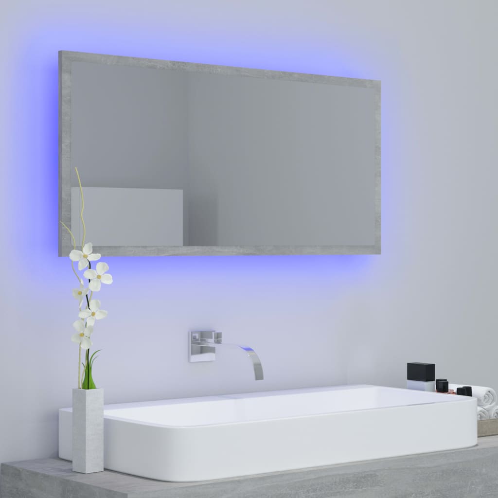 badeværelsesspejl med LED-lys 90x8,5x37 cm akryl betongrå