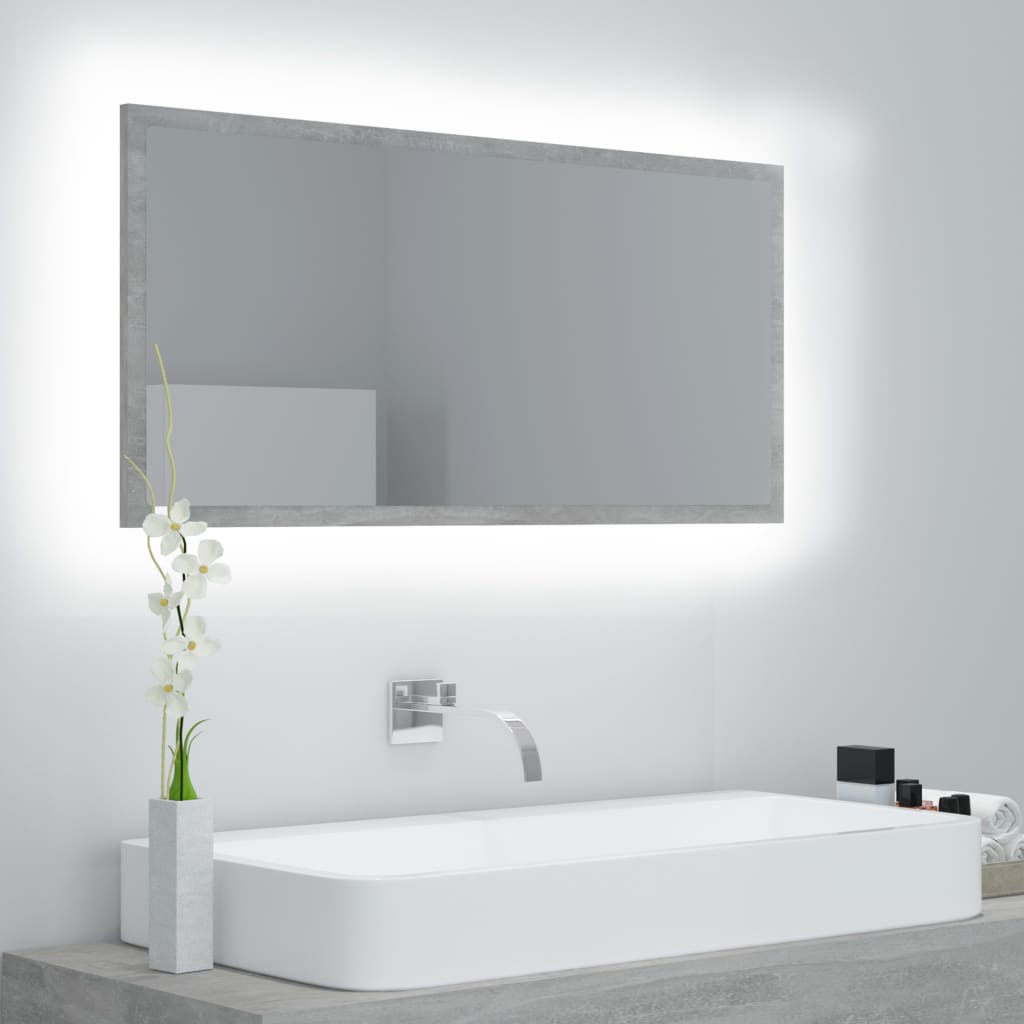 badeværelsesspejl med LED-lys 90x8,5x37 cm akryl betongrå