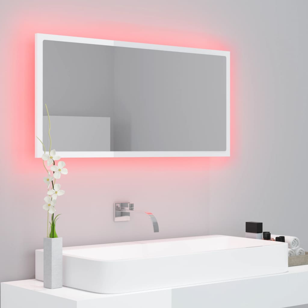 badeværelsesspejl med LED-lys 90x8,5x37 cm akryl hvid højglans