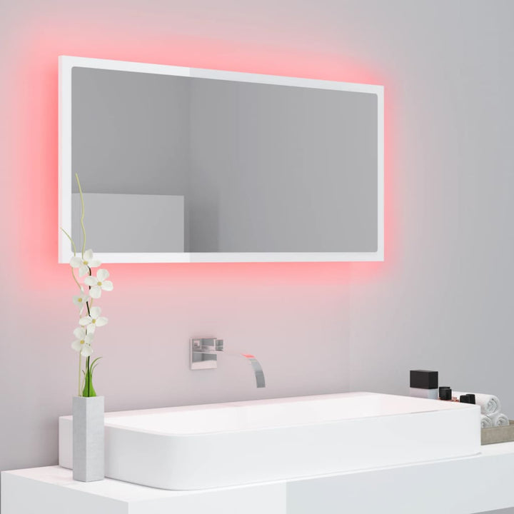badeværelsesspejl med LED-lys 90x8,5x37 cm akryl hvid højglans