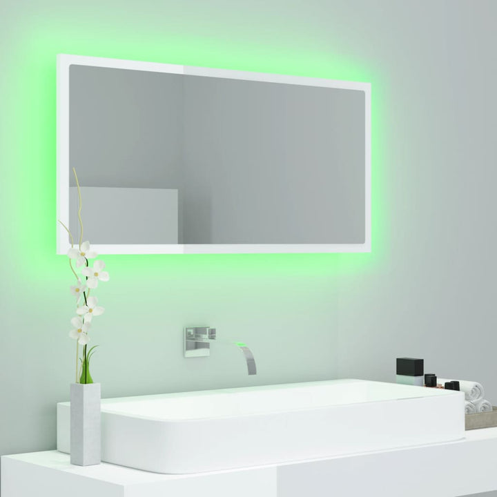 badeværelsesspejl med LED-lys 90x8,5x37 cm akryl hvid højglans