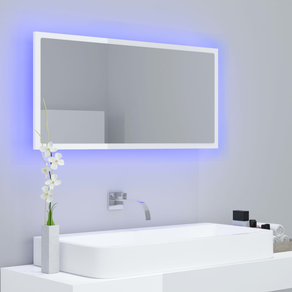 badeværelsesspejl med LED-lys 90x8,5x37 cm akryl hvid højglans