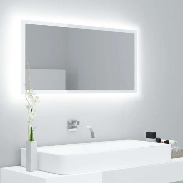 badeværelsesspejl med LED-lys 90x8,5x37 cm akryl hvid højglans