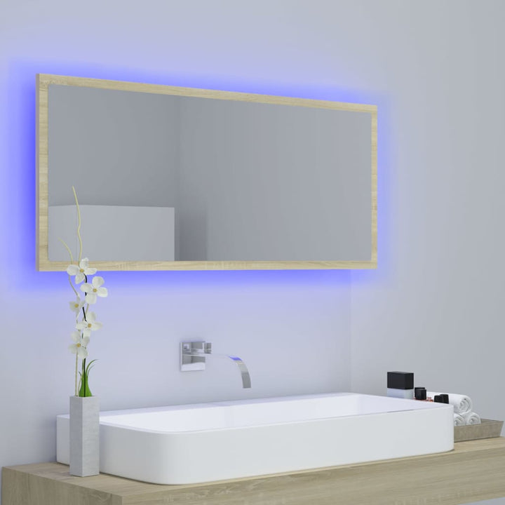 badeværelsesspejl med LED-lys 100x8,5x37 cm akryl sonoma-eg