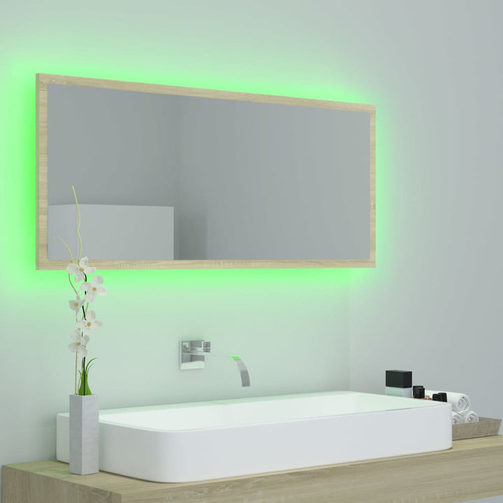 badeværelsesspejl med LED-lys 100x8,5x37 cm akryl sonoma-eg