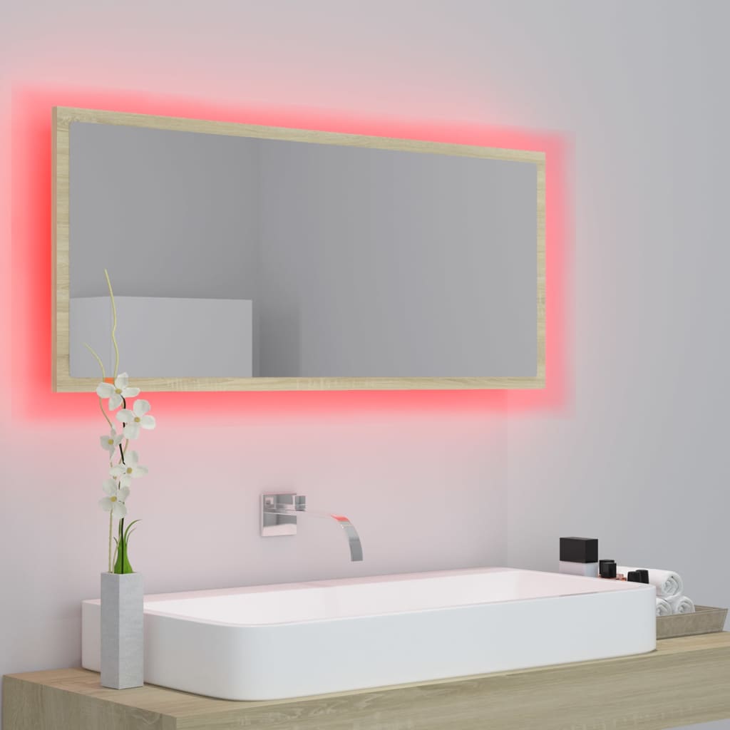 badeværelsesspejl med LED-lys 100x8,5x37 cm akryl sonoma-eg