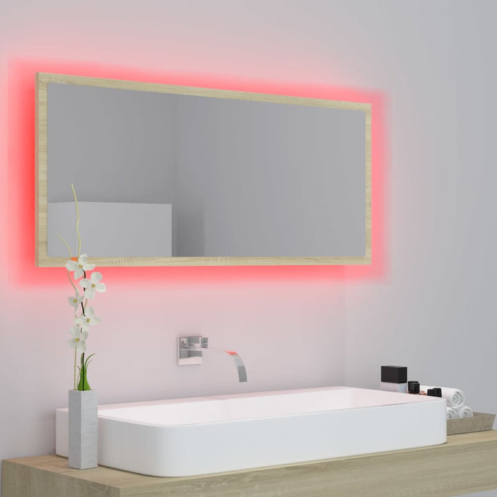badeværelsesspejl med LED-lys 100x8,5x37 cm akryl sonoma-eg