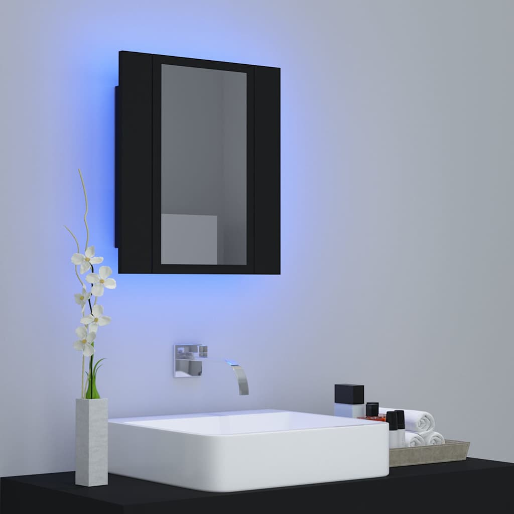 badeværelsesskab m. spejl og LED-lys 40x12x45 cm akryl sort
