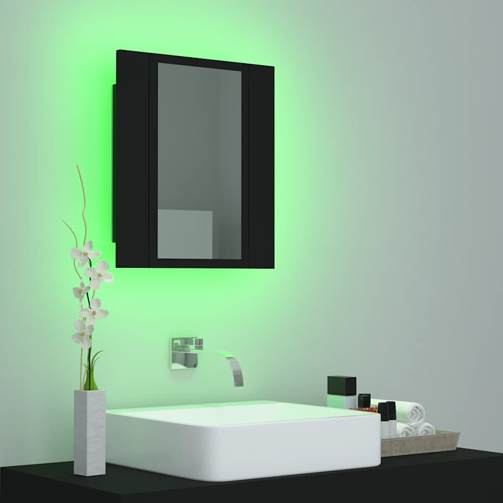 badeværelsesskab m. spejl og LED-lys 40x12x45 cm akryl sort