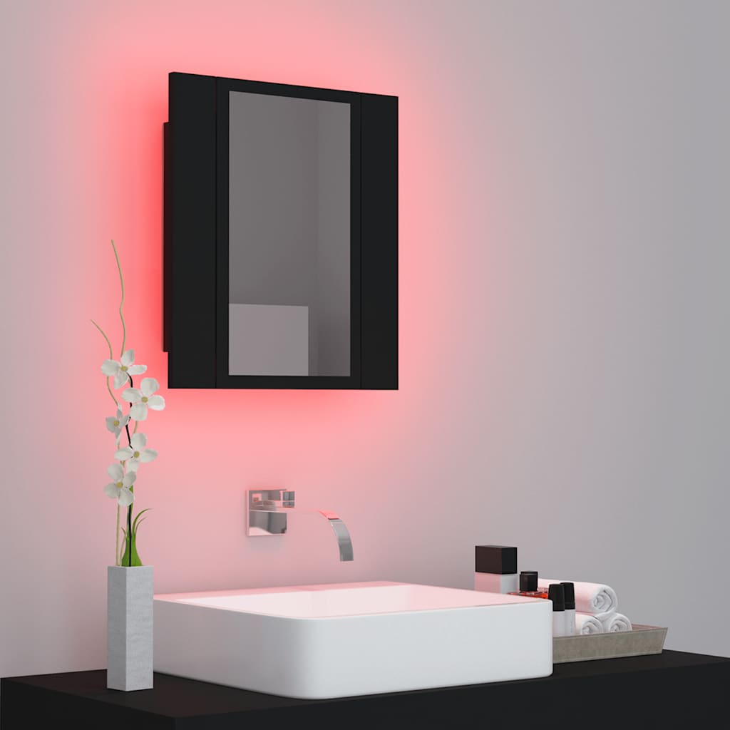 badeværelsesskab m. spejl og LED-lys 40x12x45 cm akryl sort
