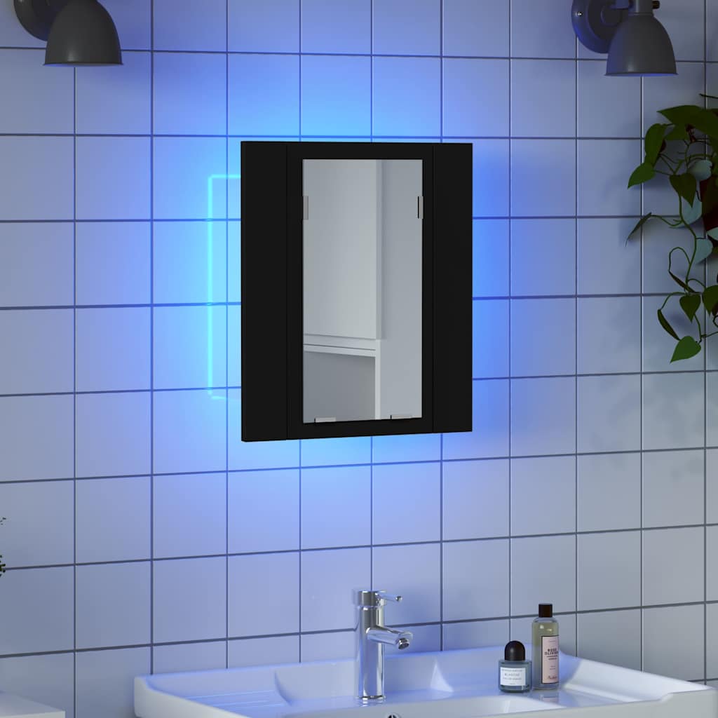 badeværelsesskab m. spejl og LED-lys 40x12x45 cm akryl sort