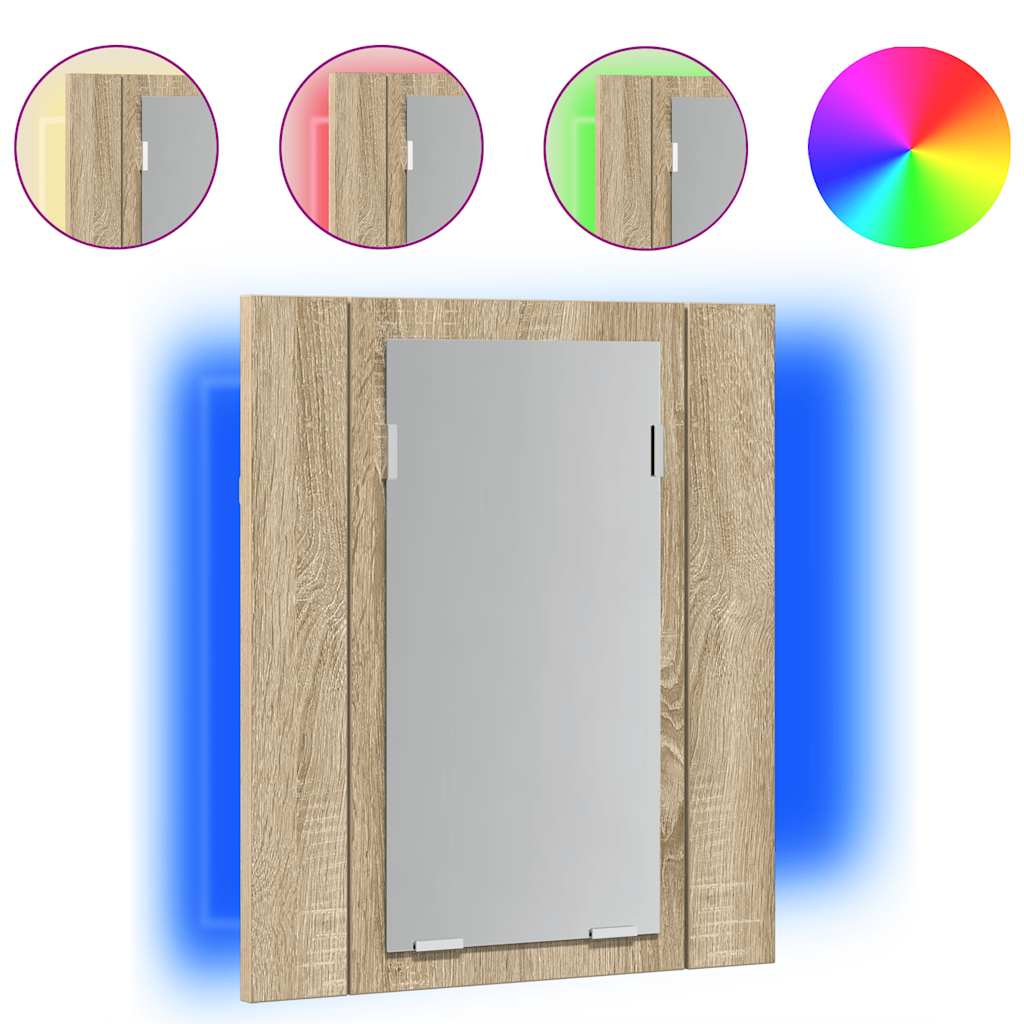 badeværelsesskab m. spejl og LED-lys 40x12x45cm akryl sonoma-eg