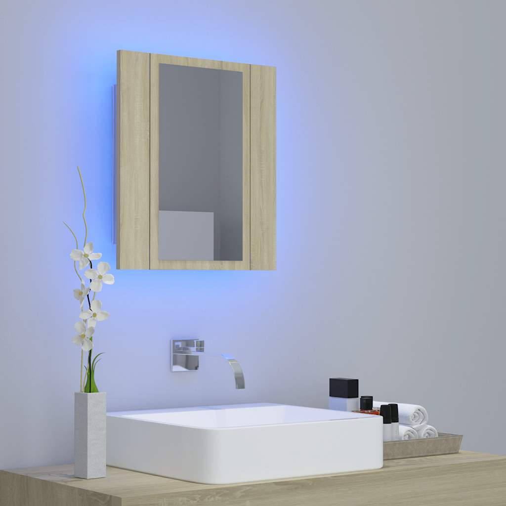 badeværelsesskab m. spejl og LED-lys 40x12x45cm akryl sonoma-eg