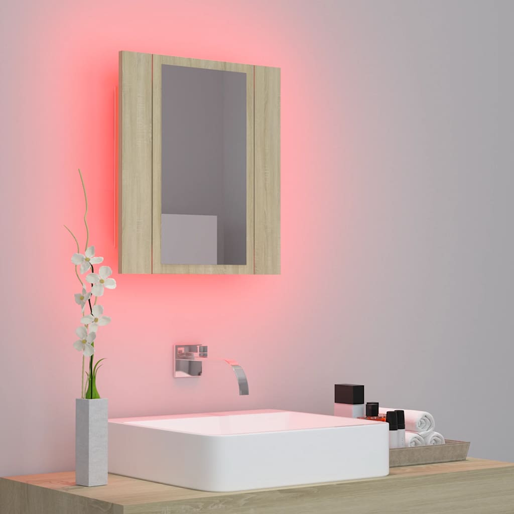 badeværelsesskab m. spejl og LED-lys 40x12x45cm akryl sonoma-eg