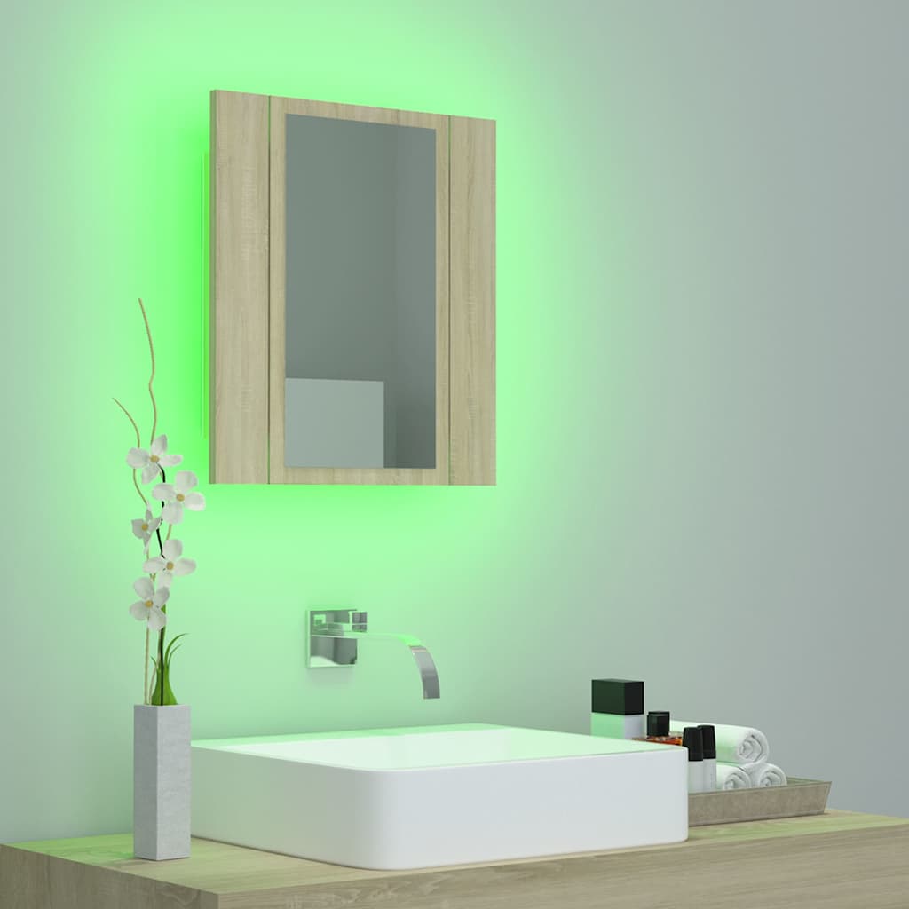 badeværelsesskab m. spejl og LED-lys 40x12x45cm akryl sonoma-eg