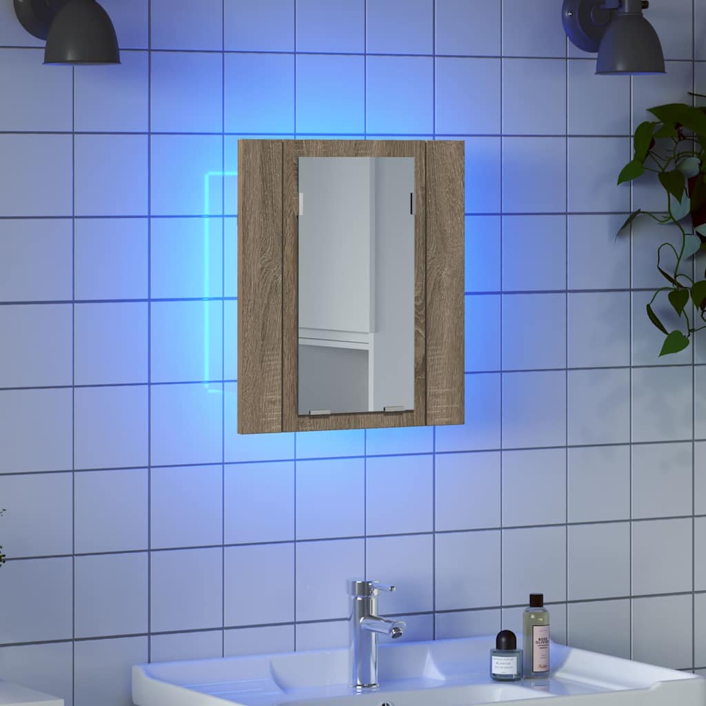 badeværelsesskab m. spejl og LED-lys 40x12x45cm akryl sonoma-eg