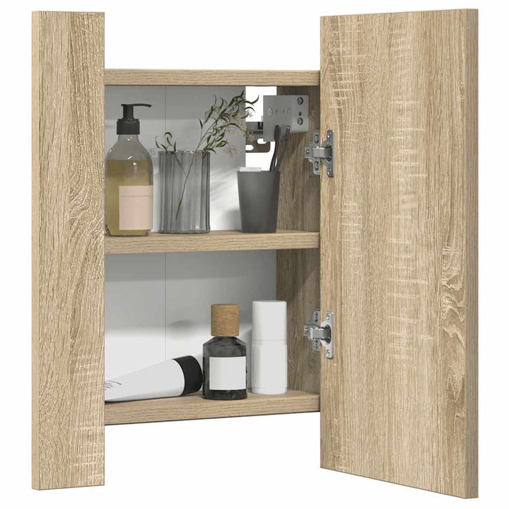 badeværelsesskab m. spejl og LED-lys 40x12x45cm akryl sonoma-eg