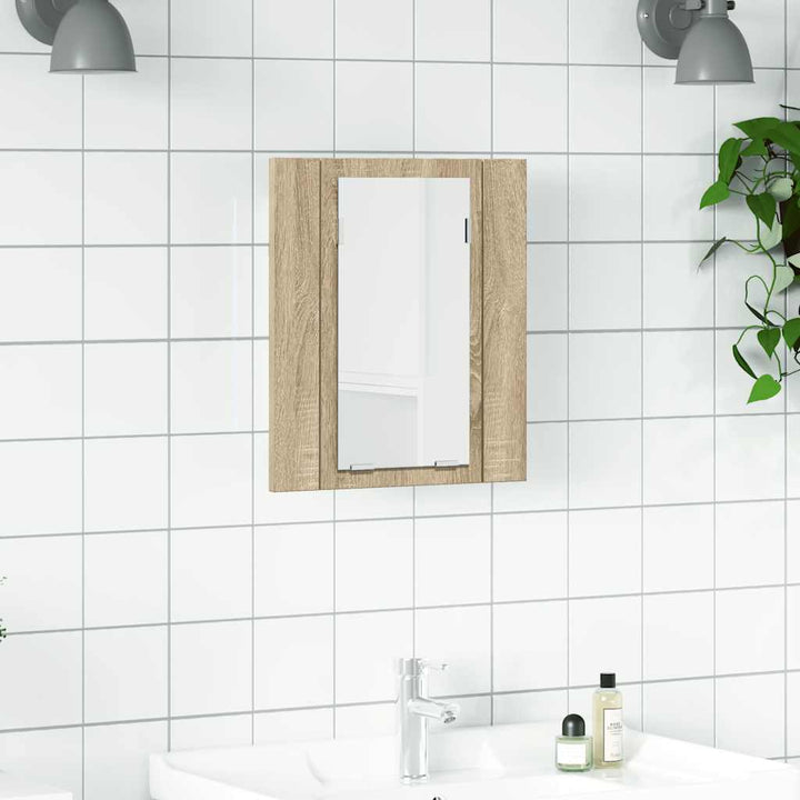 badeværelsesskab m. spejl og LED-lys 40x12x45cm akryl sonoma-eg