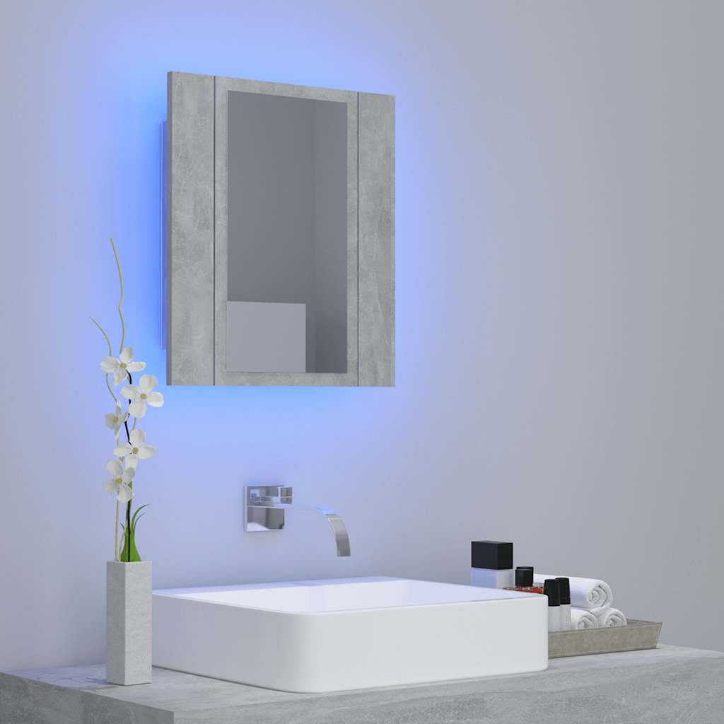 badeværelsesskab m. spejl og LED-lys 40x12x45 cm akryl betongrå