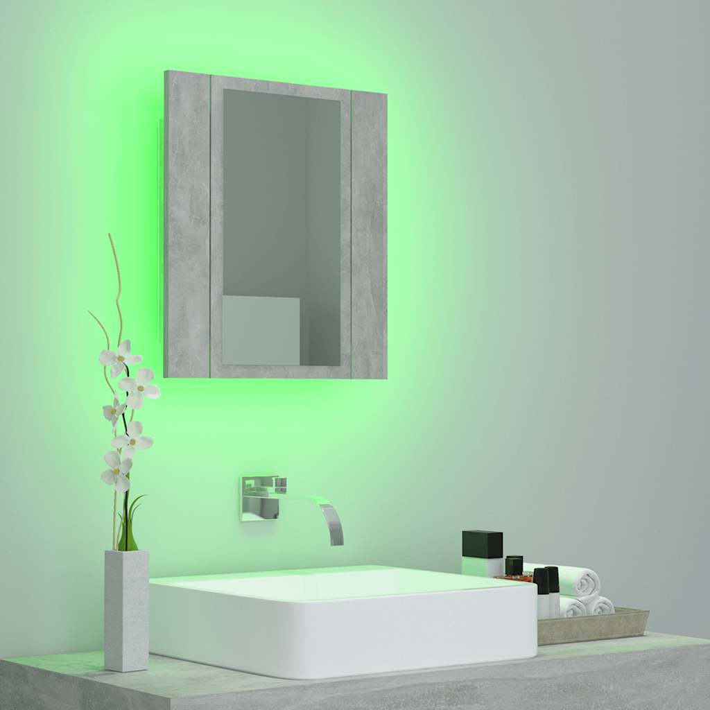 badeværelsesskab m. spejl og LED-lys 40x12x45 cm akryl betongrå