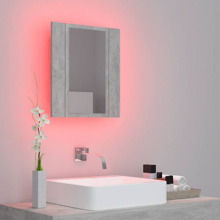 badeværelsesskab m. spejl og LED-lys 40x12x45 cm akryl betongrå