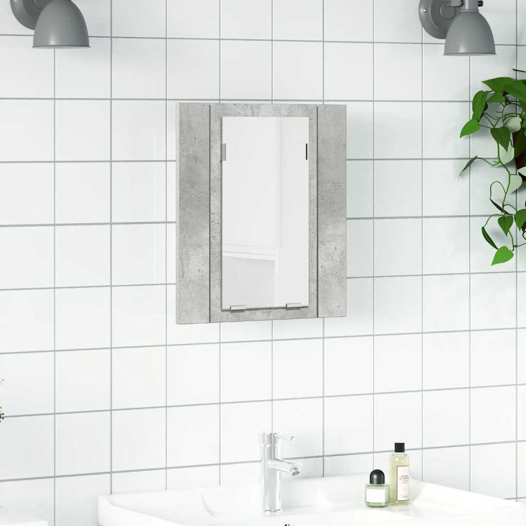 badeværelsesskab m. spejl og LED-lys 40x12x45 cm akryl betongrå