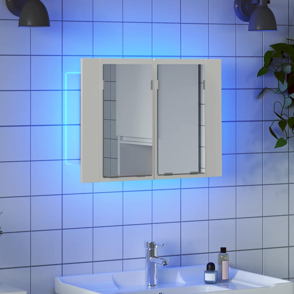 badeværelsesskab m. spejl og LED-lys 60x12x45 cm akryl hvid