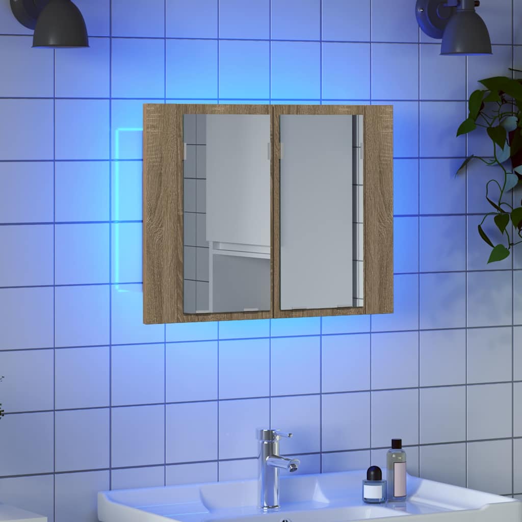 badeværelsesskab m. spejl og LED-lys 60x12x45cm akryl sonoma-eg