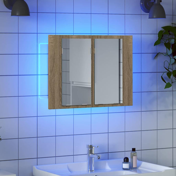 badeværelsesskab m. spejl og LED-lys 60x12x45cm akryl sonoma-eg